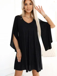 597-1 LIVIA Elegantní trapézové šaty s motýlími rukávy - černé s brokátem