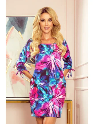 Pohodlné dámské oversize šaty se vzorem světle modro-růžových květů 323-1