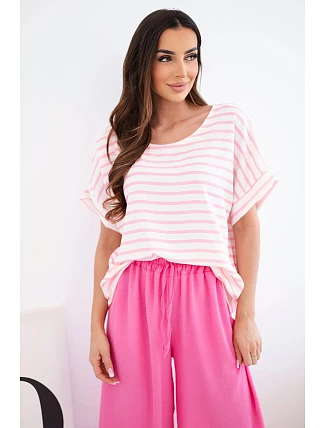 Dámský viskózový komplet s pruhovanou halenkou a širokými kalhotami s gumou růžový