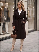 Dlouhý dámský dvouřadý kabát s páskem, čokoládově hnědý, FashionStreet NY0804 Dlouhý dámský dvouřadý kabát s páskem, čokoládově hnědý, FashionStreet NY0804