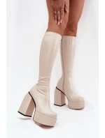 Dámské kozačky na sloupku a platformě Yavira – světle béžové Dámské kozačky na sloupku a platformě Yavira – světle béžové
