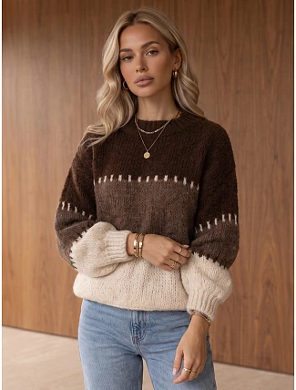 Dámský pletený svetr s širokými pruhy, hnědý, FashionStreet MY2628 Dámský pletený svetr s širokými pruhy, hnědý, FashionStreet MY2628