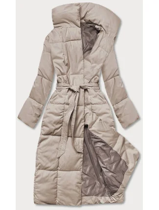 Světle béžový dámský zimní kabát s páskem (2M-061)