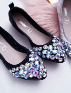 Kožené Baleríny S Ozdobnými Kameny Černé Crystal