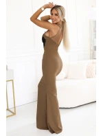 617-1 Dlouhé šaty ve tvaru mořské panny s černou krajkou a síťovinou - MOCHA MOUSSE 617-1 Dlouhé šaty ve tvaru mořské panny s černou krajkou a síťovinou - MOCHA MOUSSE