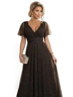 635-4 MELANIA dlouhé lesklé šaty s výstřihem a krátkými rukávy - čokoládové 635-4 MELANIA dlouhé lesklé šaty s výstřihem a krátkými rukávy - čokoládové