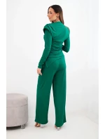 Dámský bavlněný komplet s blůzkou a kalhotami širokého střihu zelený