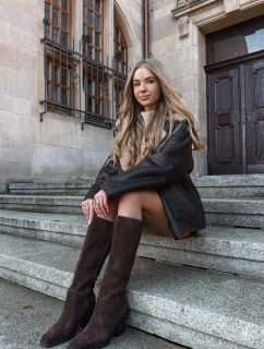 Semišové Kozačky Na Podpatku Zip Čokoládové Lissara