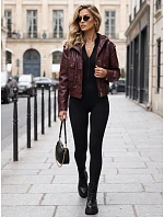 Dámská kožená bunda s kapucí, vínová, FashionStreet TY5855 Dámská kožená bunda s kapucí, vínová, FashionStreet TY5855