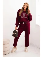 Dámský komplet z viskózy s ozdobným motivem a kalhotami švestkový