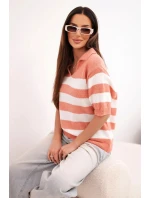 Dámský svetr s límečkem a krátkým rukávem pruhovaný rudy
