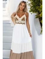 612-1 Dlouhé béžovo-bílé šaty bez ramínek s háčkovaným vrškem - boho