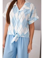 Dámská souprava viskózová košile s uvazováním a kalhoty s gumou modrý
