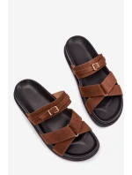 Dámské pantofle s pásky a zlatým sponou Hnědé Selorina