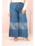 Dámské kalhoty Plus Size se širokými nohavicemi a etnickou výšivkou džínové