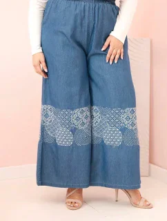 Dámské kalhoty Plus Size se širokými nohavicemi a etnickou výšivkou džínové