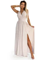 362-8 JUSTINE Dlouhé šaty se srdíčkovým výstřihem a zavazováním na zádech - béžové se třpytkami