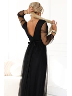 664-3 Dlouhé maxi šaty s tylovými rukávy a obálkovým výstřihem - černé