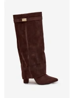 Kozačky Eko Semišový Podpatky Na Zip Zateplené Ohnutý Svršek Čokoládové Evyra