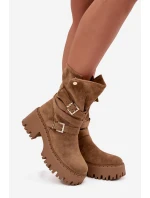 Dámské kotníkové boty na masivním podpatku s přezkami a páskem Khaki Nerelisa