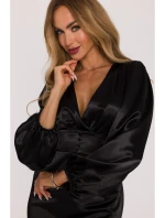M888 Saténové mini šaty s nadýchanými rukávy - černé