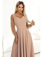 640-4 LORETTA jedinečné dlouhé šaty s tylovými rukávy a výstřihem - béžové