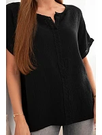 Dámská bavlněná mušelínová oversize halenka s výstřihem do V a krajkou černá