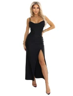 638-1 Dlouhé korzetové saténové šaty s rozparkem na nohou - černé