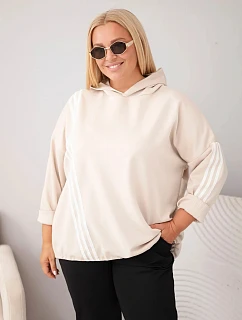 Dámská mikina Plus Size z viskózy s kapucí a ozdobnými proužky béžová