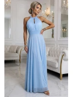 662-1 Elegantní maxi večerní šaty na ramínka s tylem a zavazováním v pase - modré