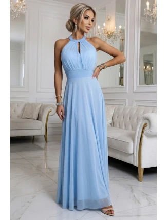 662-1 Elegantní maxi večerní šaty na ramínka s tylem a zavazováním v pase - modré