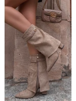 Zateplené dámské kotníkové boty na podpatku s ozdobným páskem khaki Luvielle