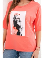 Dámská bavlněná oversize halenka s krátkým rukávem a módním potiskem meruňková