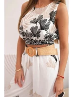 Dámská viskózová souprava top a kalhoty s listovým vzorem černý