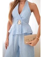 Dámský viskózový komplet vázaný top a kalhoty s širokými nohavicemi modrý Dámský viskózový komplet vázaný top a kalhoty s širokými nohavicemi modrý