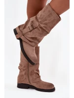 Ženské kozaki s ohnutým horním dílem do poloviny lýtka s přezkou Khaki Minelle