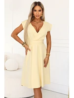 348-13 SCARLETT rozšířené midi šaty s obálkovým výstřihem a páskem - máslově žluté