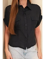 Dámská košile z viskózy s krátkým rukávem a kapsami černá