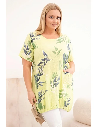 Dámská bavlněná halenka Plus size s krátkým rukávem a vázáním dole světle zelená