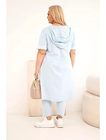 Dámská bavlněná souprava Plus Size s mikinou s kapucí a kalhotami modrá