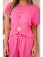 Viskózový komplet plisovaná halenka + kalhoty růžový