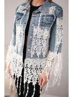 Dámská džínová bunda bavlněná s krajkou a třásněmi tmavě džínová