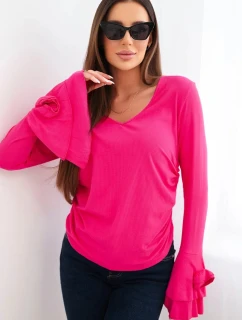 Dámská pruhovaná blůza s V výstřihem a volány na rukávech fuchsie