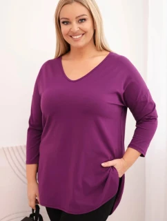 Dámská bavlněná blůza Plus Size s výstřihem do V a ohrnutým rukávem tmavě fialová