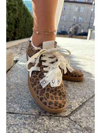 Nízké Dámské Sneakersy S Krajkou Leopardí Hnědé Zielle