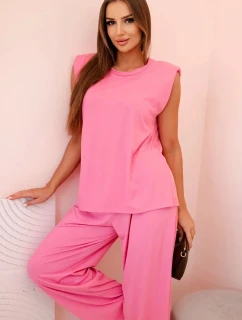 Dámský komplet z viskózy bez rukávů a rovnými kalhotami růžový