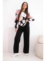 Dámský komplet z měkké viskózy s květinovým vzorem a širokou nohavicí černý