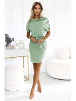 240-10 ROXI pohodlné šaty s asymetrickou sukní a páskem - pistáciová barva