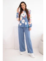Dámský máslový viskózový komplet s květinovým vzorem a širokými nohavicemi jeansový