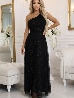 656-3 Dlouhé třpytivé večerní šaty na jedno rameno - klasické černé